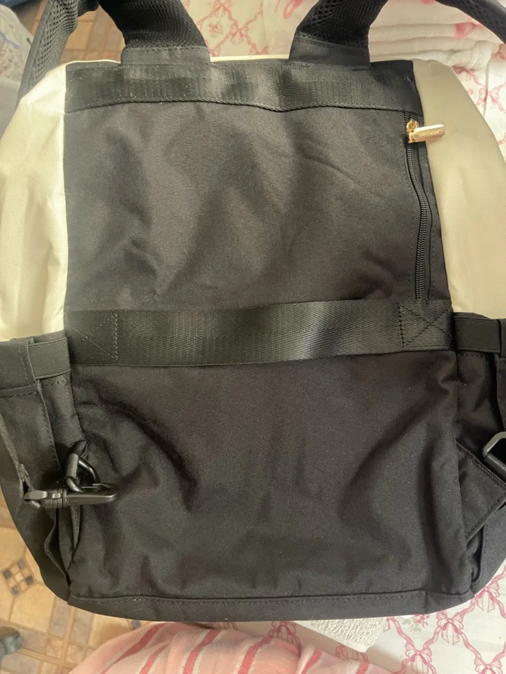 Cream and Black Backpack with Brown Trim